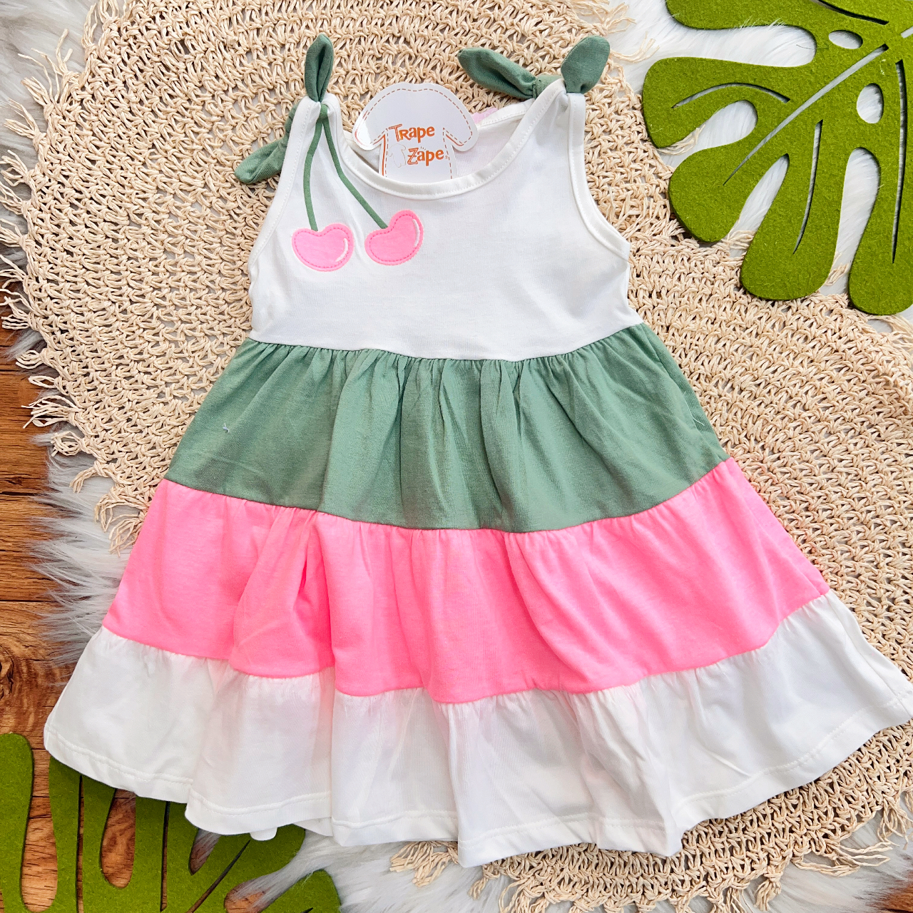 Vestido Cerejinha com Três cores - Verde, Rosa e Off White